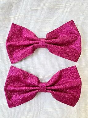 Hot Pink Glitter Hair Bow Clips Set of 2 Handmade Large Bows